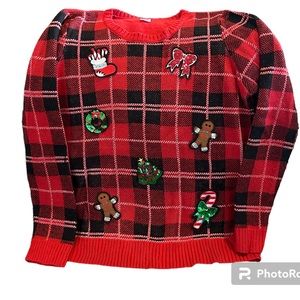 Red and Black Plaid Christmas Sweater w/Hat